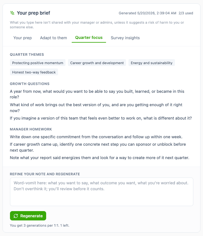 Quokka Hub quarterly 1:1 prep brief showing quarter themes, growth questions, and manager homework