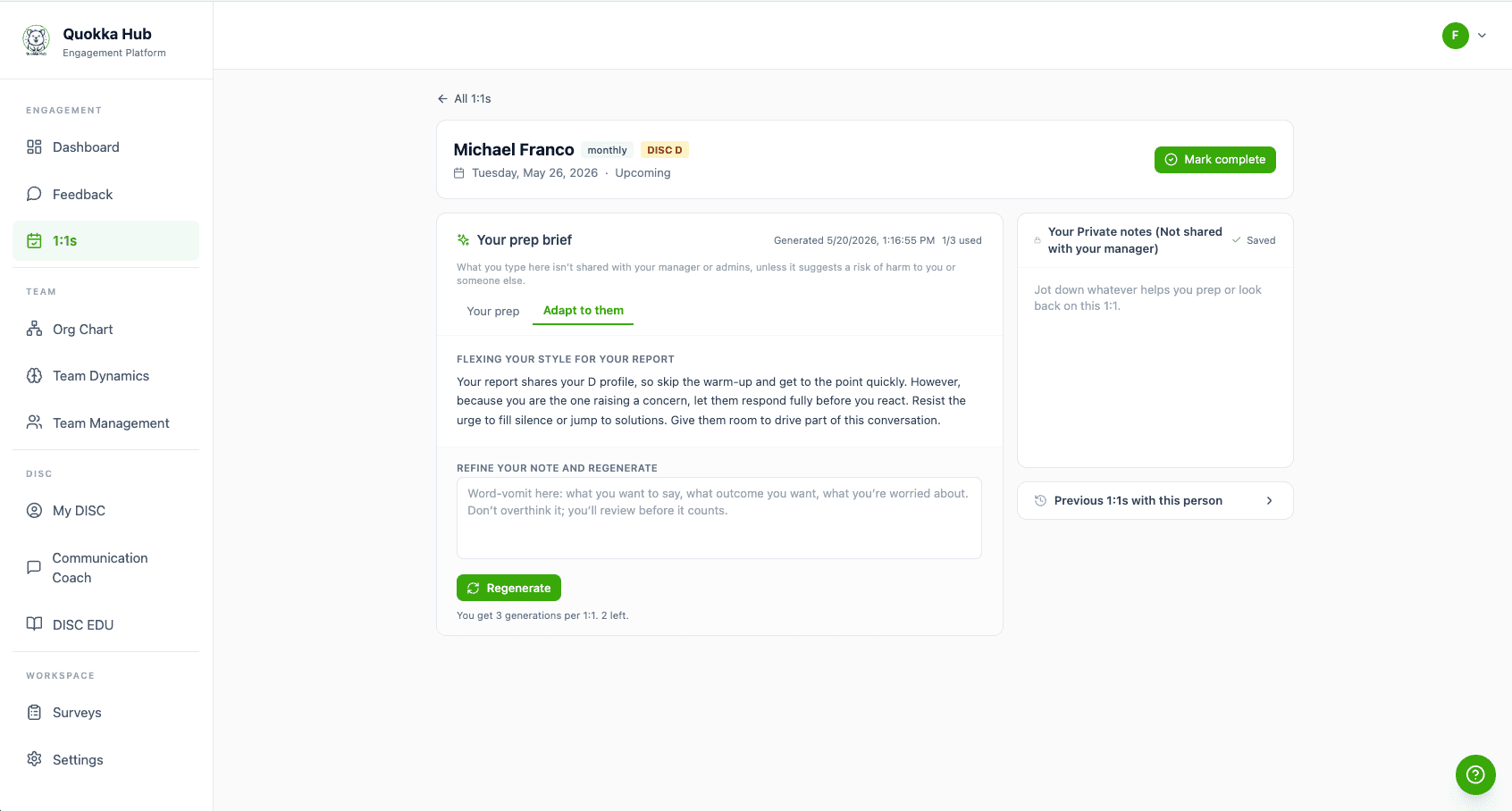 Quokka Hub 1:1 prep brief on the Adapt to them tab, with DISC-aware advice for the upcoming check-in