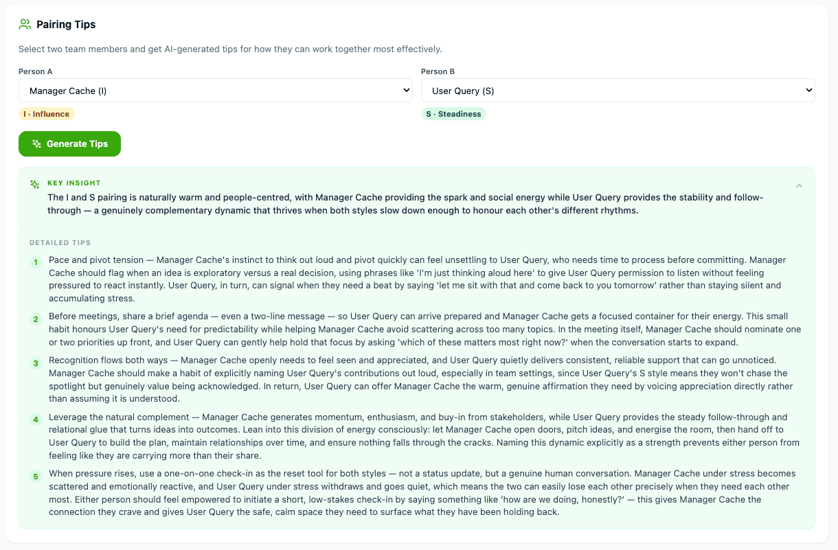 Quokka Hub pairing tips showing an AI-generated playbook for how an Influence and a Steadiness DISC style work together
